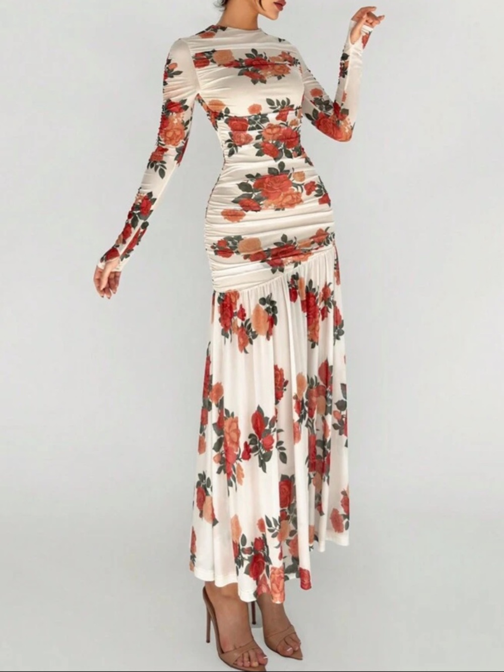 Long-Sleeve Floral Ruched Maxi Dress - White with Red Rose Print